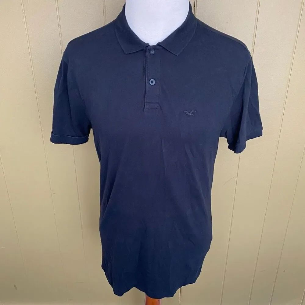 Hollister men L advanced stretch 2 button polo short sleeve shirt black